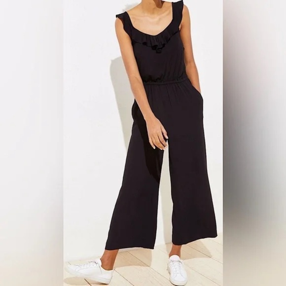 LOFT Ruffle Neck Mixed Media Jumpsuit